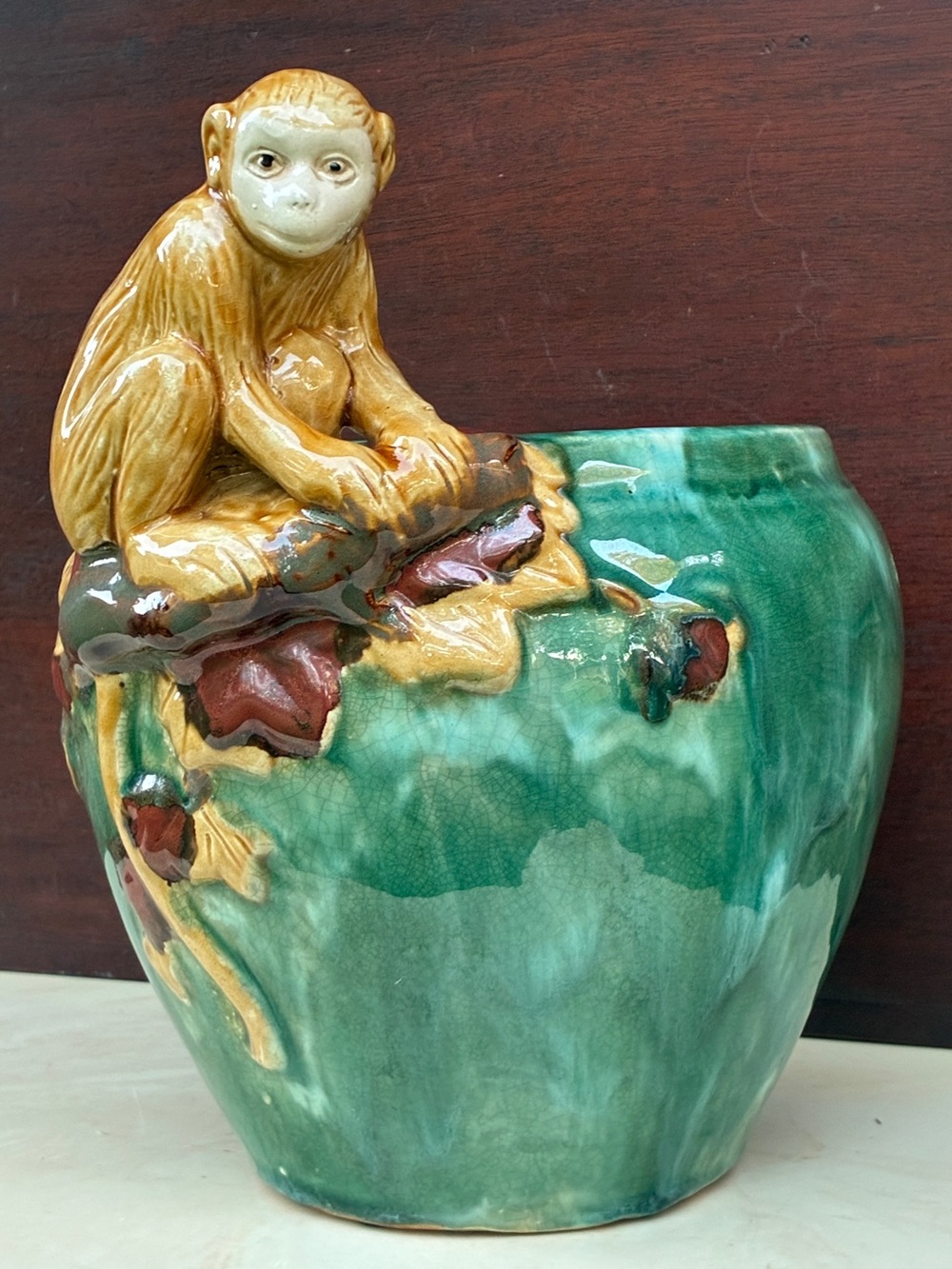 Vintage Hollywood Regency Chinoiserie Monkey Majolica Jardiniere Cachepot